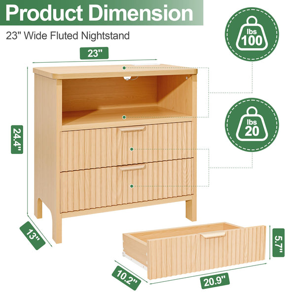Fluted Nightstand with Charging Station & 2 Drawers