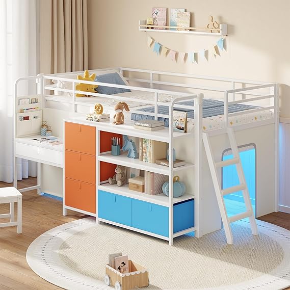 Twin Low Loft Bed with Desk, Storage Drawers, Bookshelf & LED Lights