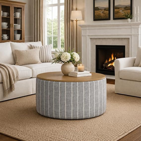 Round Storage Ottoman with Wood Top