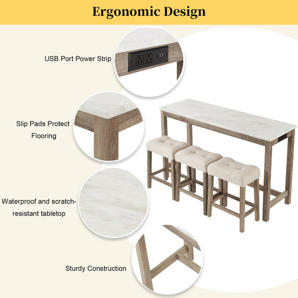 59" Bar Table Set with Power Outlet & 3 Padded Stools