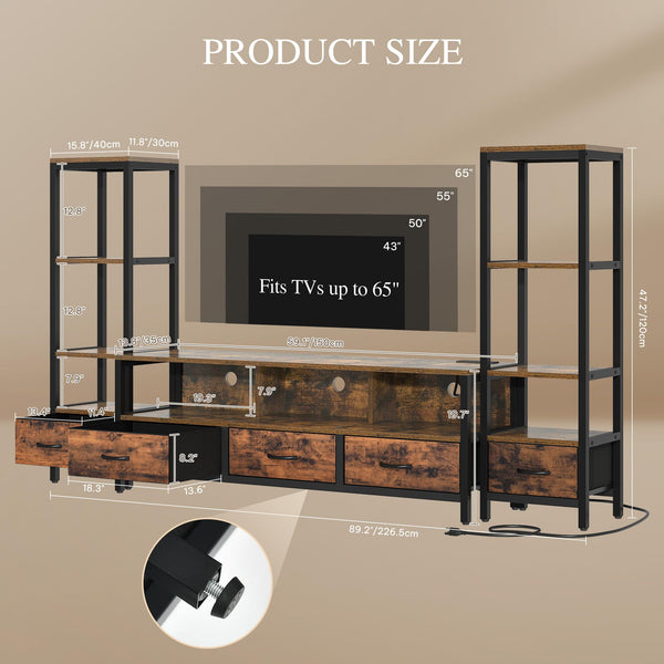 TV Stand with Bookshelves, LED Lights & Power Outlets – Fits up to 65" TV
