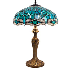 Tiffany Table Lamp Sea Blue Green Dragonfly Stained Glass 16" Shade 24" Height
