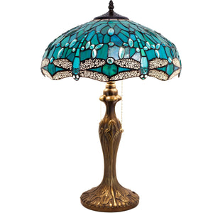 Tiffany Table Lamp Sea Blue Green Dragonfly Stained Glass 16" Shade 24" Height