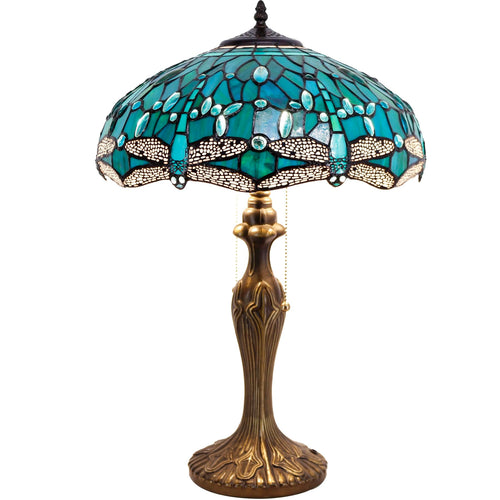 Tiffany Table Lamp Sea Blue Green Dragonfly Stained Glass 16" Shade 24" Height