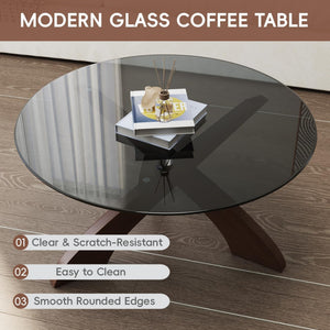 30.7" Round Glass Coffee Table with Walnut Wood X-Base