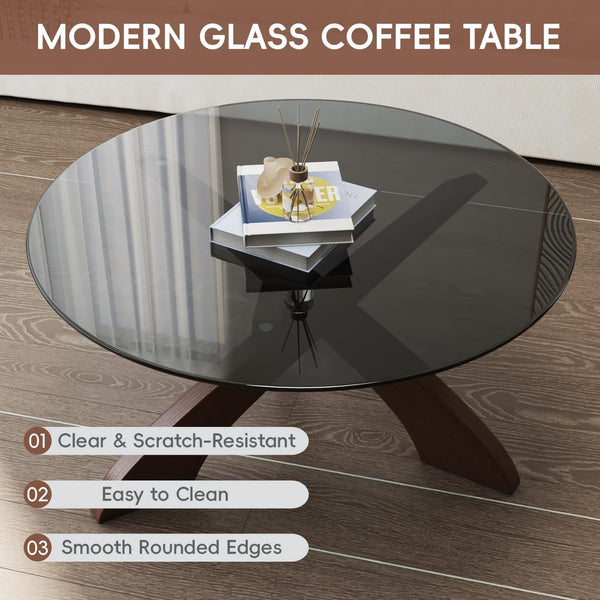 30.7" Round Glass Coffee Table with Walnut Wood X-Base