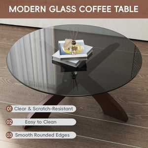 30.7" Round Glass Coffee Table with Walnut Wood X-Base