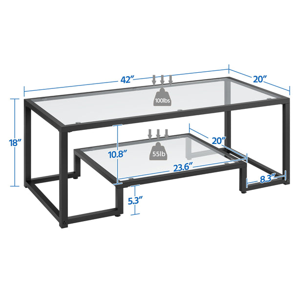 Tempered Glass Coffee Table with Open Storage Shelf