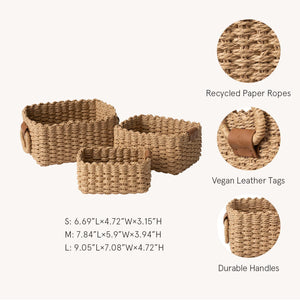 Woven Storage Basket Set of 3 - Paper Rope Shelf Organizer Bins