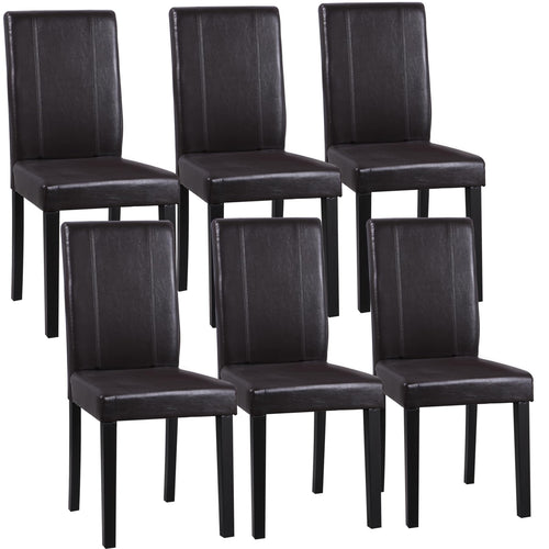 Dining Chair Set of 6 – Brown PU Leather Armless Side Chairs with Solid Wood Legs