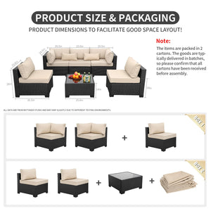 6-Piece All-Weather Wicker Patio Sectional Set with Glass Table