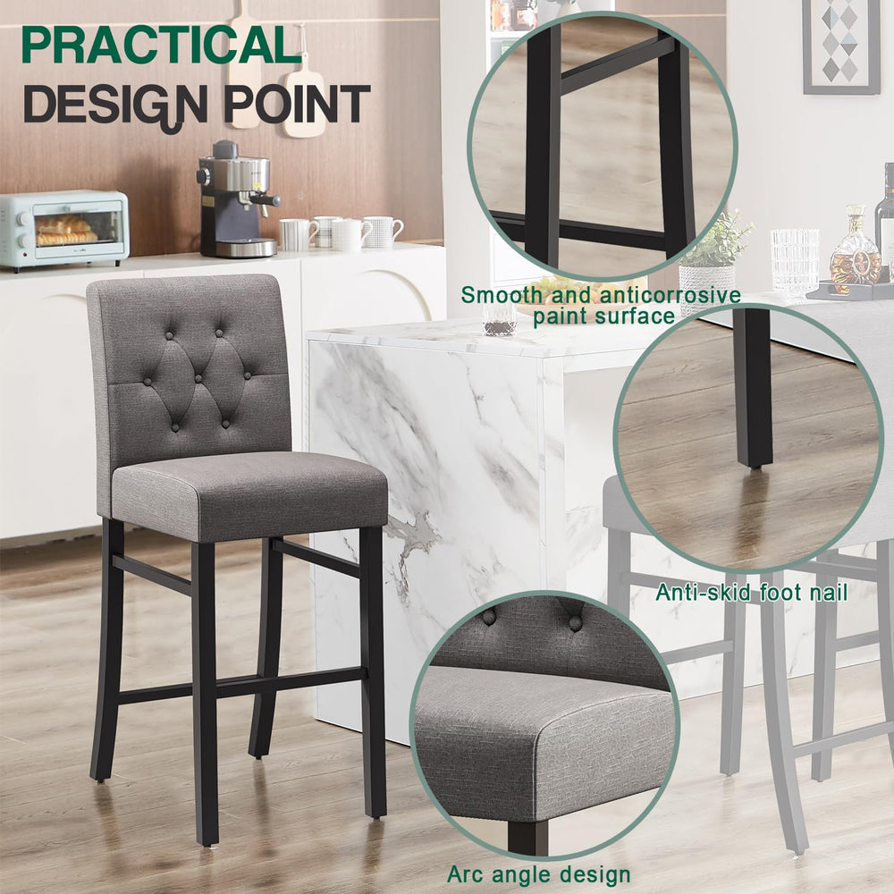 Counter Height Bar Stools with Back – Upholstered Button-Tufted Kitchen Island Stools