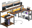 L-Shaped Corner Desk with Power Outlets, LED Strip & Monitor Stand