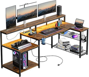 L-Shaped Corner Desk with Power Outlets, LED Strip & Monitor Stand