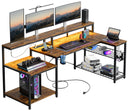 L-Shaped Corner Desk with Power Outlets, LED Strip & Monitor Stand