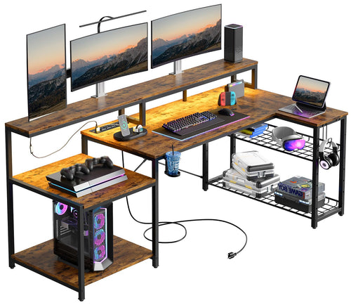 L-Shaped Corner Desk with Power Outlets, LED Strip & Monitor Stand