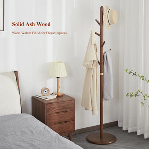 Ash Wood Freestanding Coat Rack with 6 Hooks – Walnut Brown