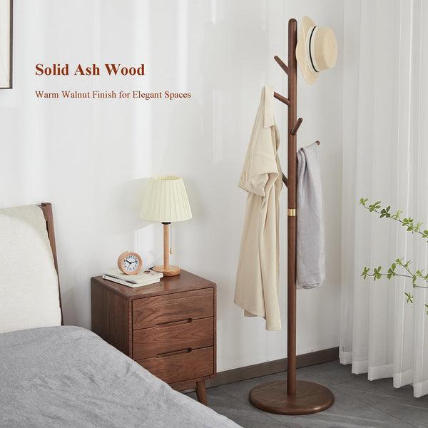 Ash Wood Freestanding Coat Rack with 6 Hooks – Walnut Brown