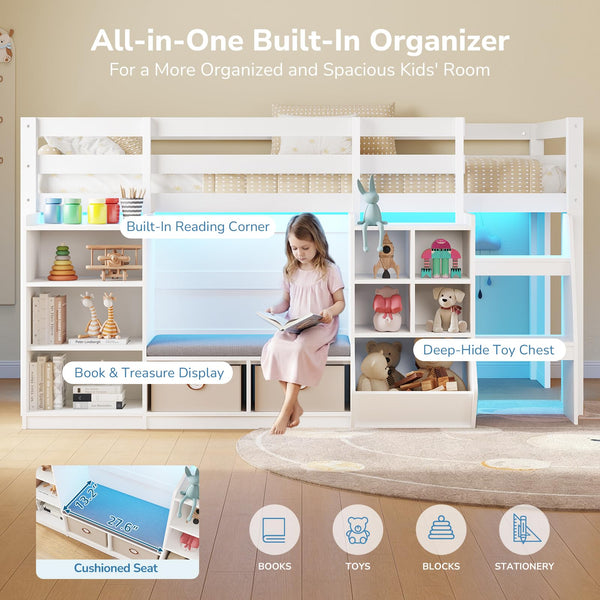 Twin Low Loft Bed with Storage, LED Lights & Reading Nook