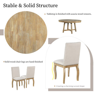 5-Piece Farmhouse Extendable Round Dining Table & Chair Set with Shelf