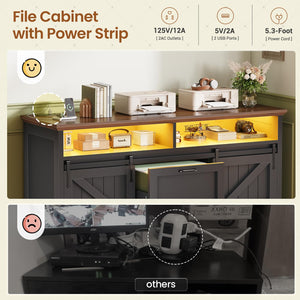 47.2" File Cabinet with 2 Drawers, Barn Door & LED Lights