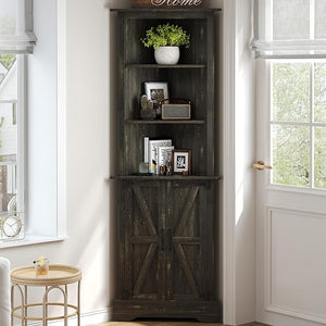 Farmhouse Corner Cabinet with Barn Doors, 68" Tall, 5-Tier Adjustable Shelves