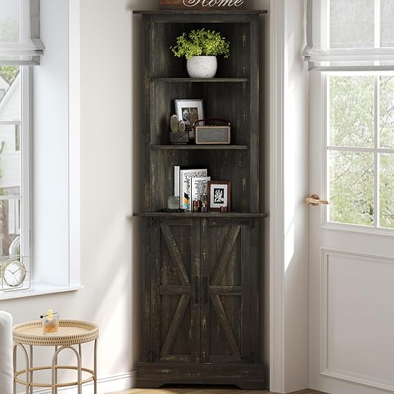 Farmhouse Corner Cabinet with Barn Doors, 68" Tall, 5-Tier Adjustable Shelves