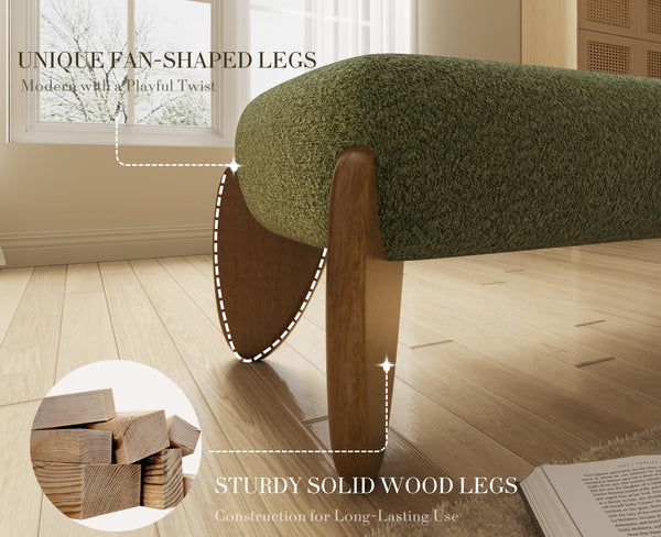 Bouclé Upholstered Bench with Scalloped Wooden Legs – 50 Inch