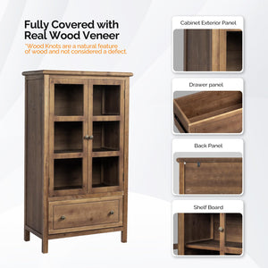 Glass Door Storage Cabinet with Drawer and Wood Legs