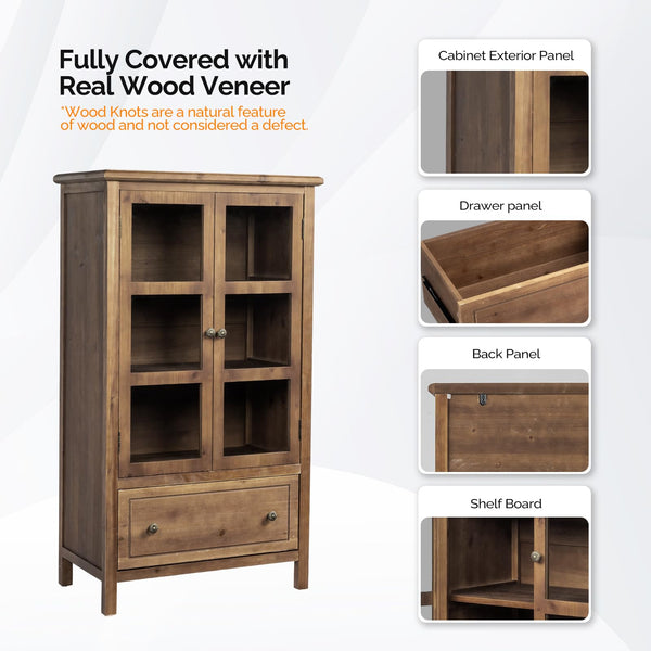 Glass Door Storage Cabinet with Drawer and Wood Legs