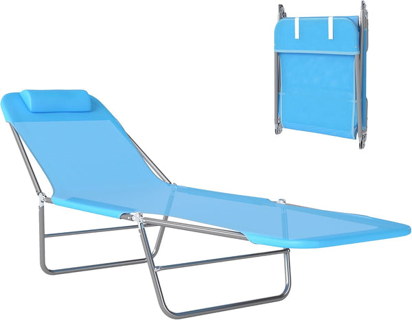 Folding Outdoor Chaise Lounge Chair with Pillow & Reclining Back