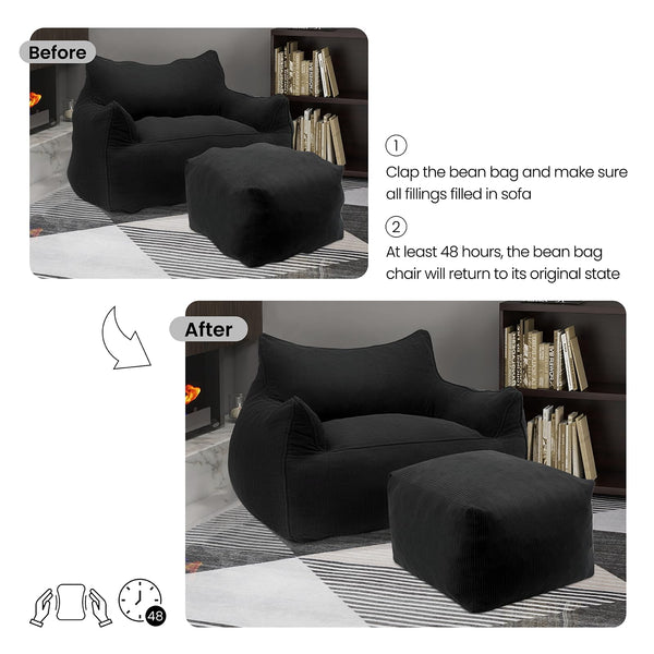Bean Bag Chair with Footrest & Armrests – Corduroy Foam Sofa