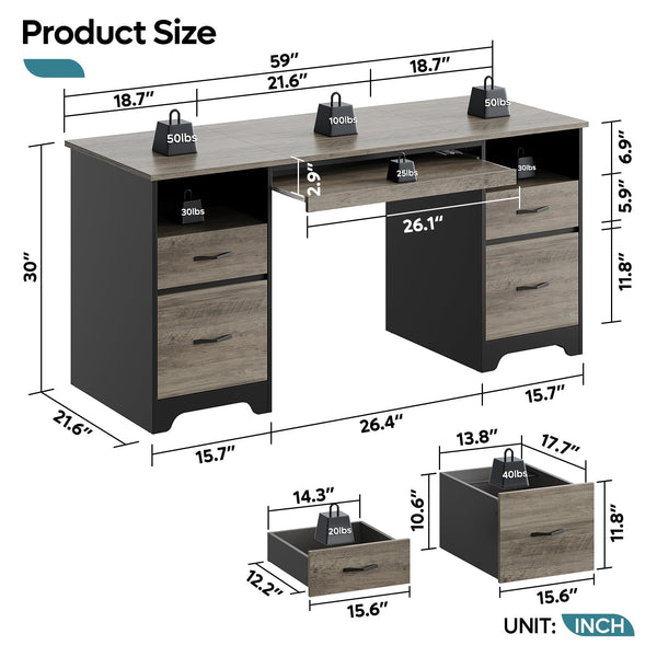 59-Inch Executive Office Desk with 4 Drawers, File Drawer, Keyboard Tray & Dual Pedestals