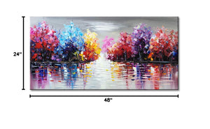 Hand Painted Lake Landscape Canvas Wall Art – Colorful Tree Thick Texture Oil Painting