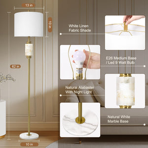 Gold Marble Base Floor Lamp with Night Light & Linen Shade