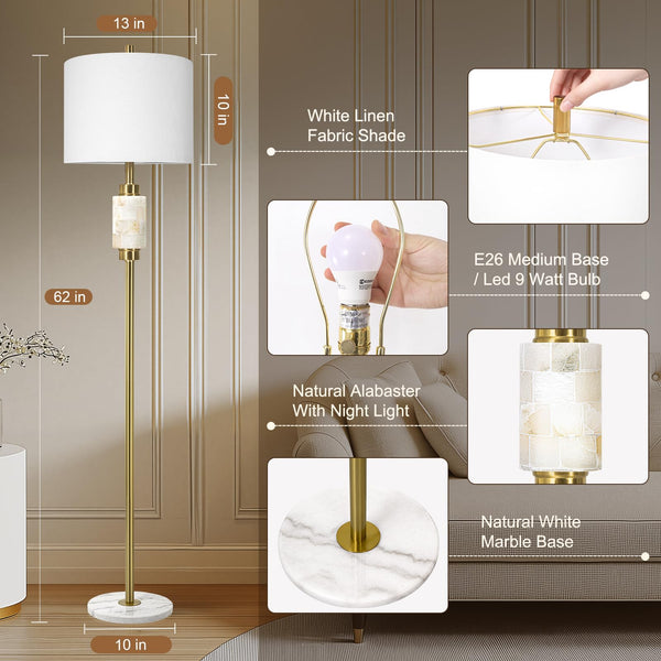 Gold Marble Base Floor Lamp with Night Light & Linen Shade