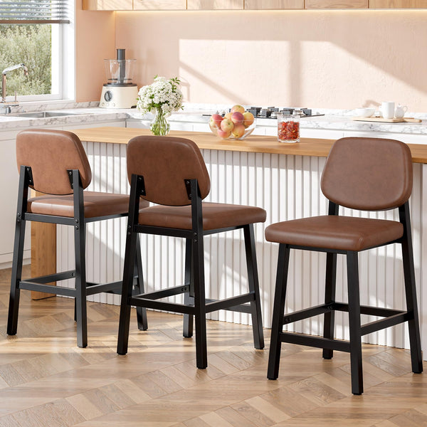 Counter Height Bar Stools Set of 3, 26" Upholstered Kitchen Bar Chairs with Metal Legs