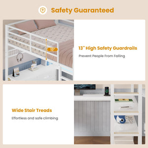 Full Size Loft Bed with U-Shaped Desk, Storage Drawers, LED Lights & Power Outlet