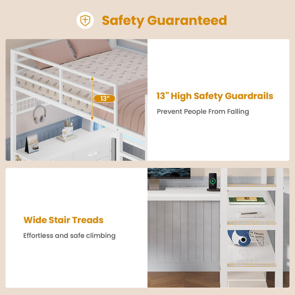 Full Size Loft Bed with U-Shaped Desk, Storage Drawers, LED Lights & Power Outlet