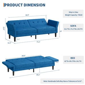 Convertible Futon Sofa Bed with Adjustable Backrest & Armrest – Royal Blue