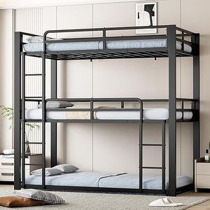 Metal Triple Bunk Bed with Guardrails & Ladder — Twin, Twin XL & Queen Options