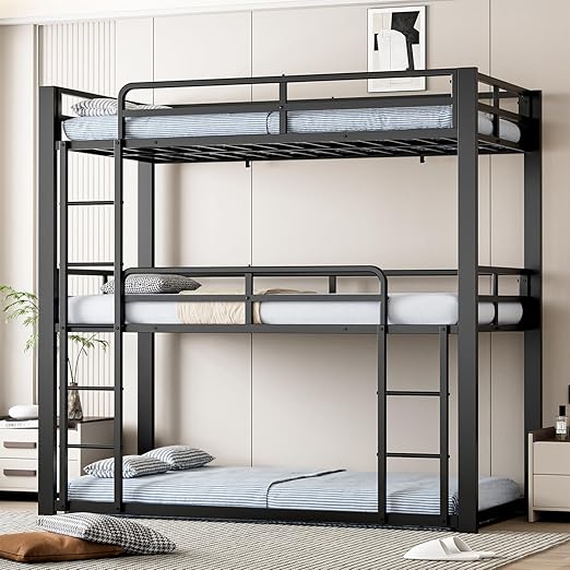 Metal Triple Bunk Bed with Guardrails & Ladder — Twin, Twin XL & Queen Options