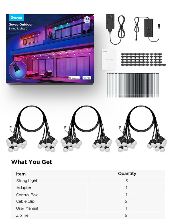 Smart Outdoor String Lights RGBICW LED Bulbs – App & Voice Control