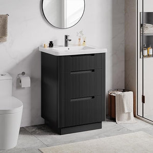 24" Fluted Bathroom Vanity with Integrated Ceramic Sink & 3 Drawers