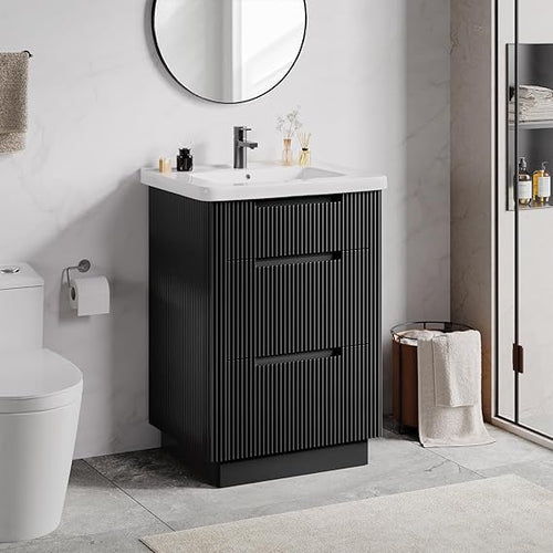 24" Fluted Bathroom Vanity with Integrated Ceramic Sink & 3 Drawers