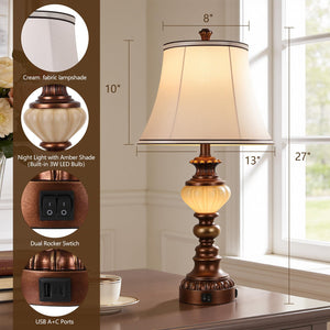 Farmhouse Tall Table Lamps Set of 2 with Nightlight & USB Ports