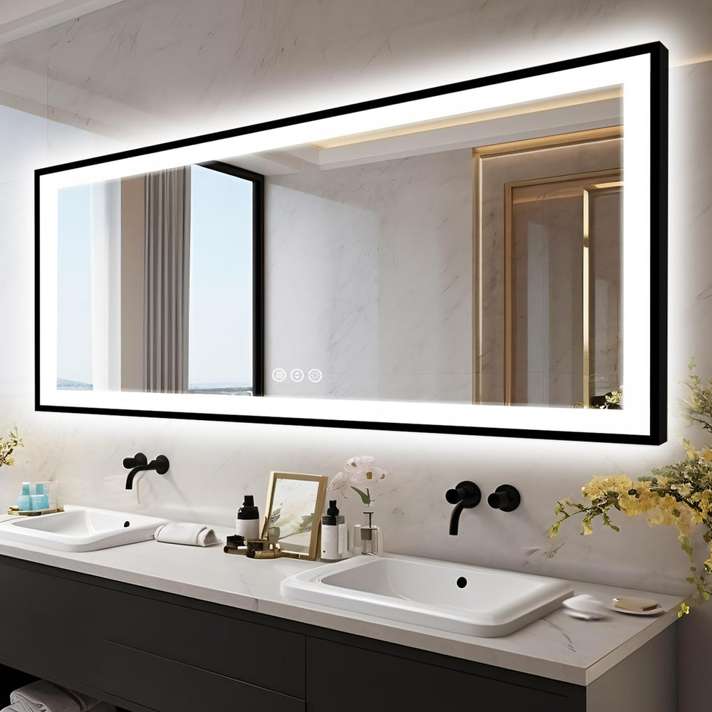 96x36 Large LED Bathroom Mirror with Front & Backlit, Anti-Fog, Dimmable, 3 Color Temperatures