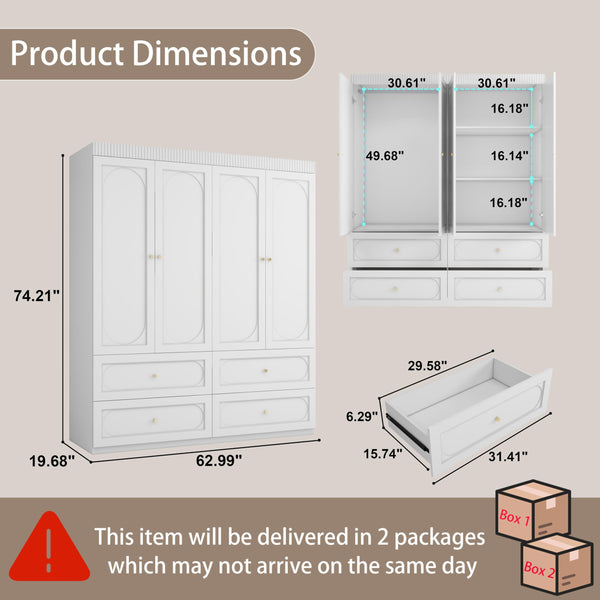 74" Large 4-Door Armoire Wardrobe with 4 Drawers – White