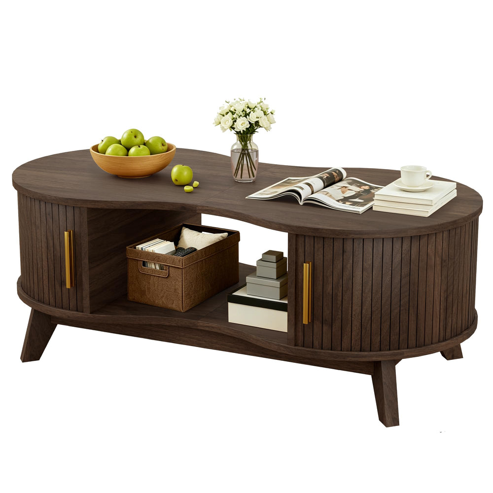 Dual Oval Coffee Table with Storage & Sliding Tambour Door