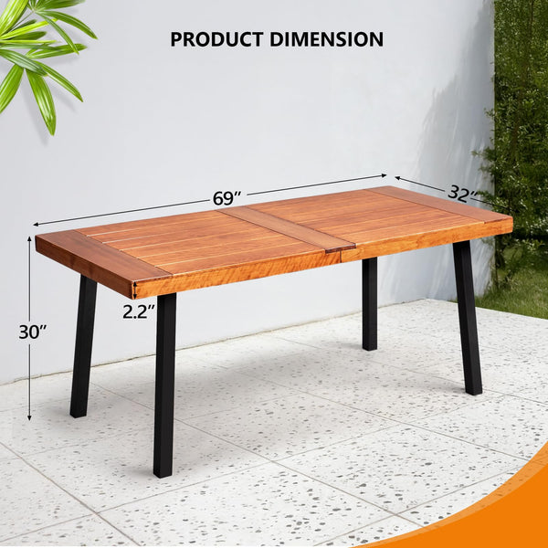 69-Inch Wood Patio Dining Table with Steel Legs, Seats 6